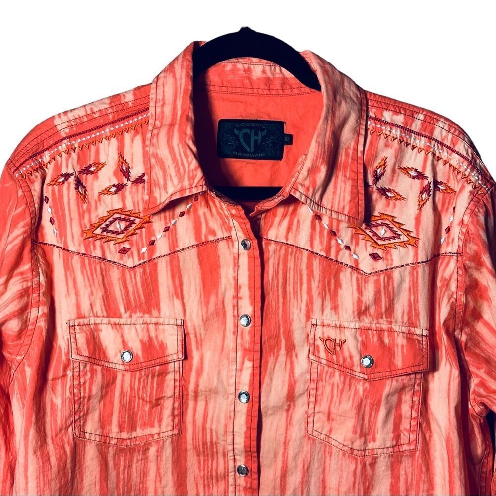 Cowgirl Hardware Pink Peach Western Embroidered Snap Button Up Sz XL - Picture 4 of 10